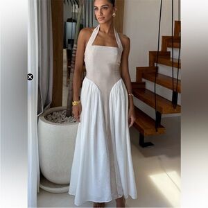 SAMMI HALTER MIDI DRESS - SAND/WHITE